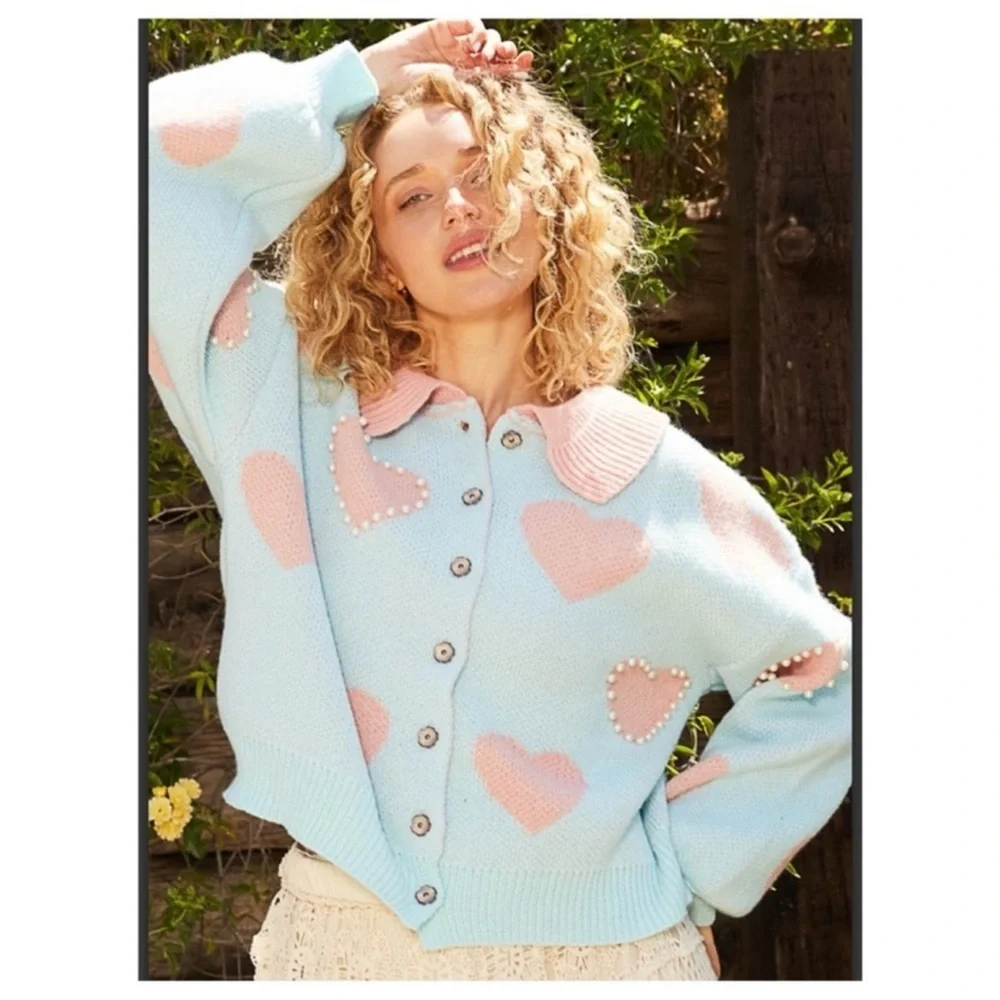 POL Heart pattern with faux pearl cardigan sweater - Picture 3 of 7